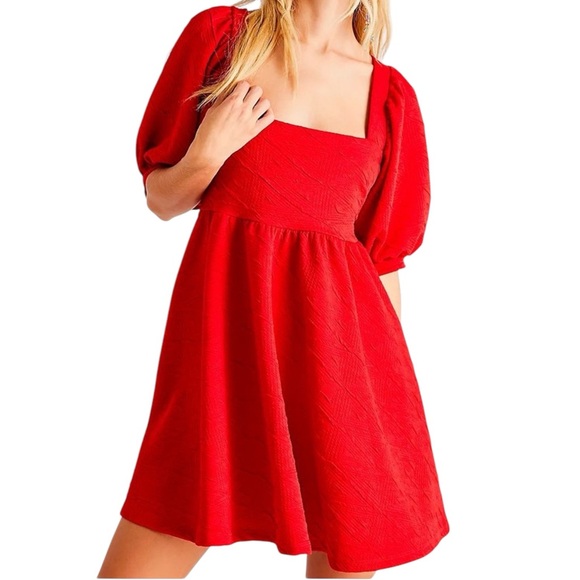Free People Dresses & Skirts - NWT FREE PEOPLE Red Violet Puff Sleeve Tie Back Mini Dress Size Small